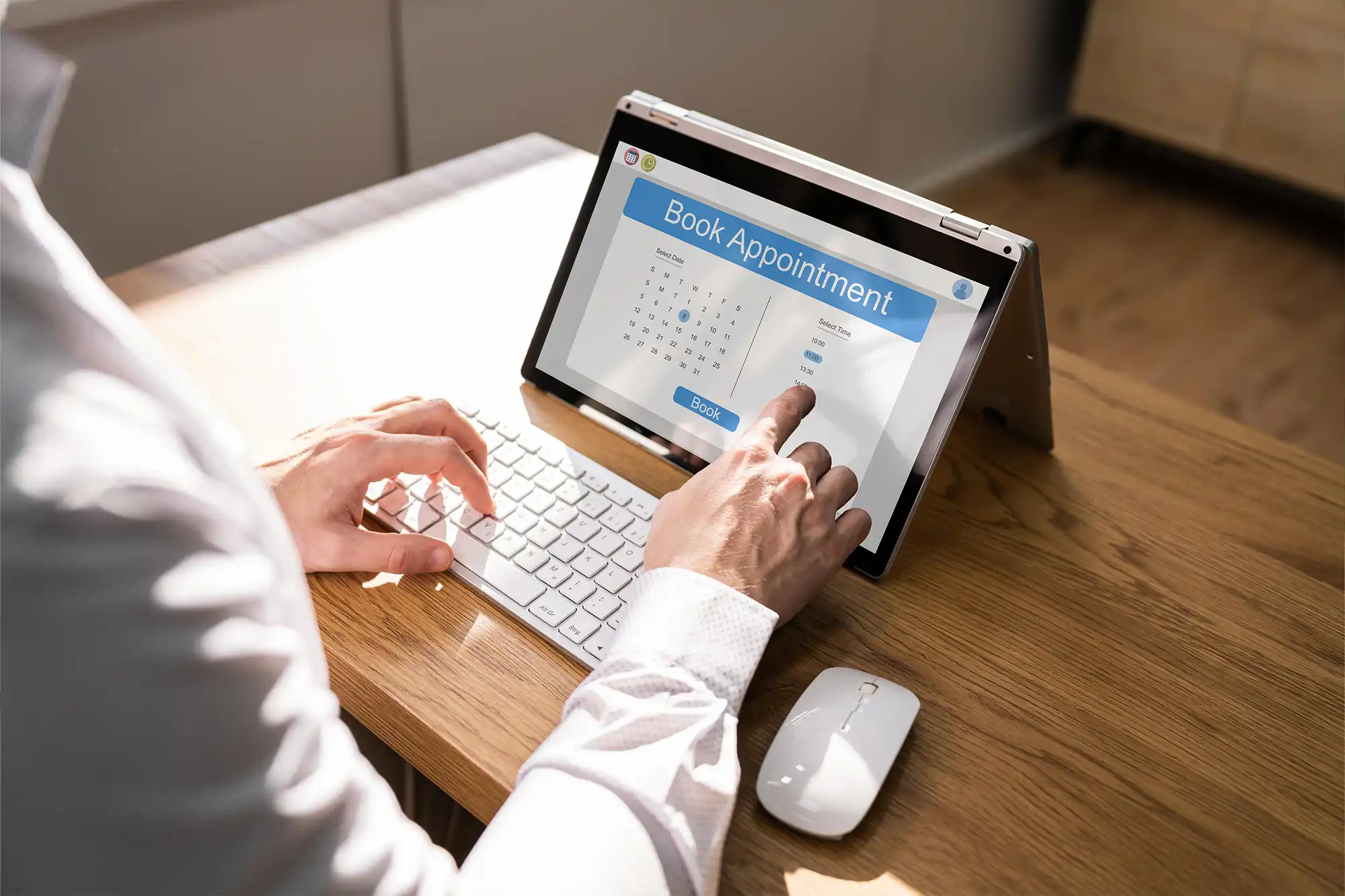 Man checking calendar for medical appointment, highlighting same-day availability.