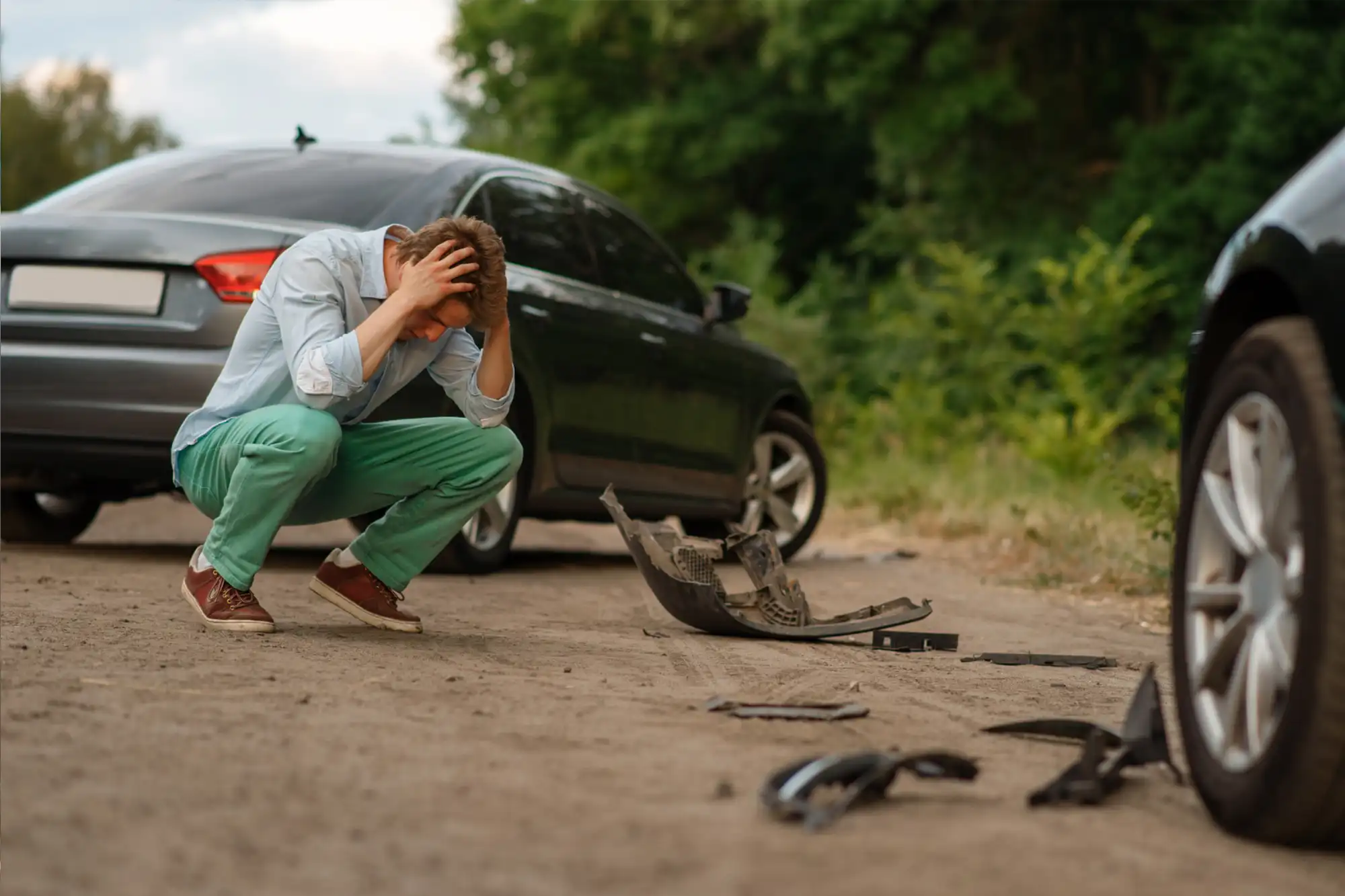A distressed man sitting near his crashed car, showing emotional trauma after a car accident.
