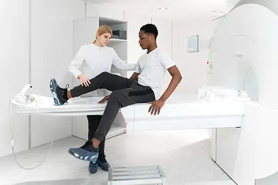 Pediatric patient positioned for an MRI procedure to assist in diagnostic evaluation.