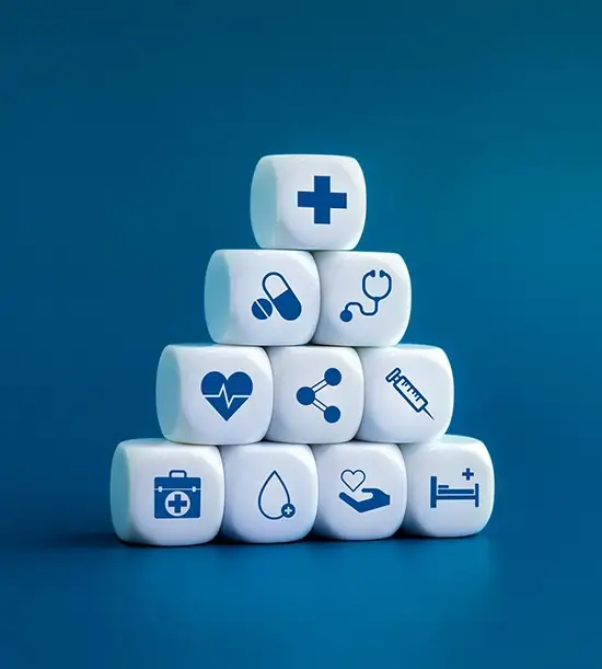 Bundle of healthcare icons on cube symbolizing modern medical treatment approaches and services and urgent care.