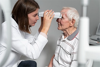 Doctor closely examining patient's eyes during a headache evaluation.