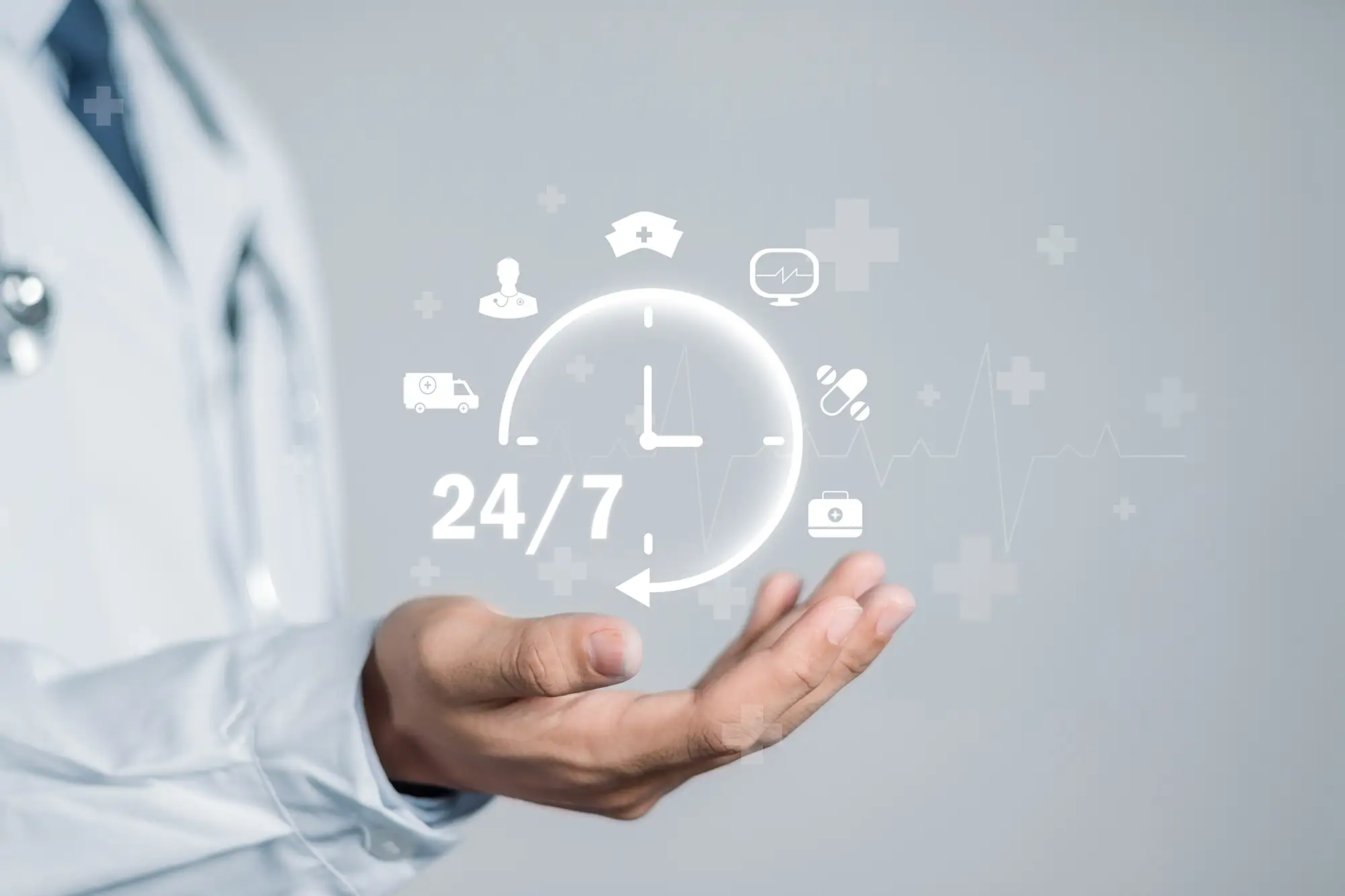 Doctor with clock icon in hand, showing 24/7 healthcare availability.