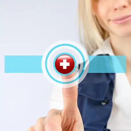 Female doctor clicking on virtual medical icon, symbolizing digital healthcare advancements.