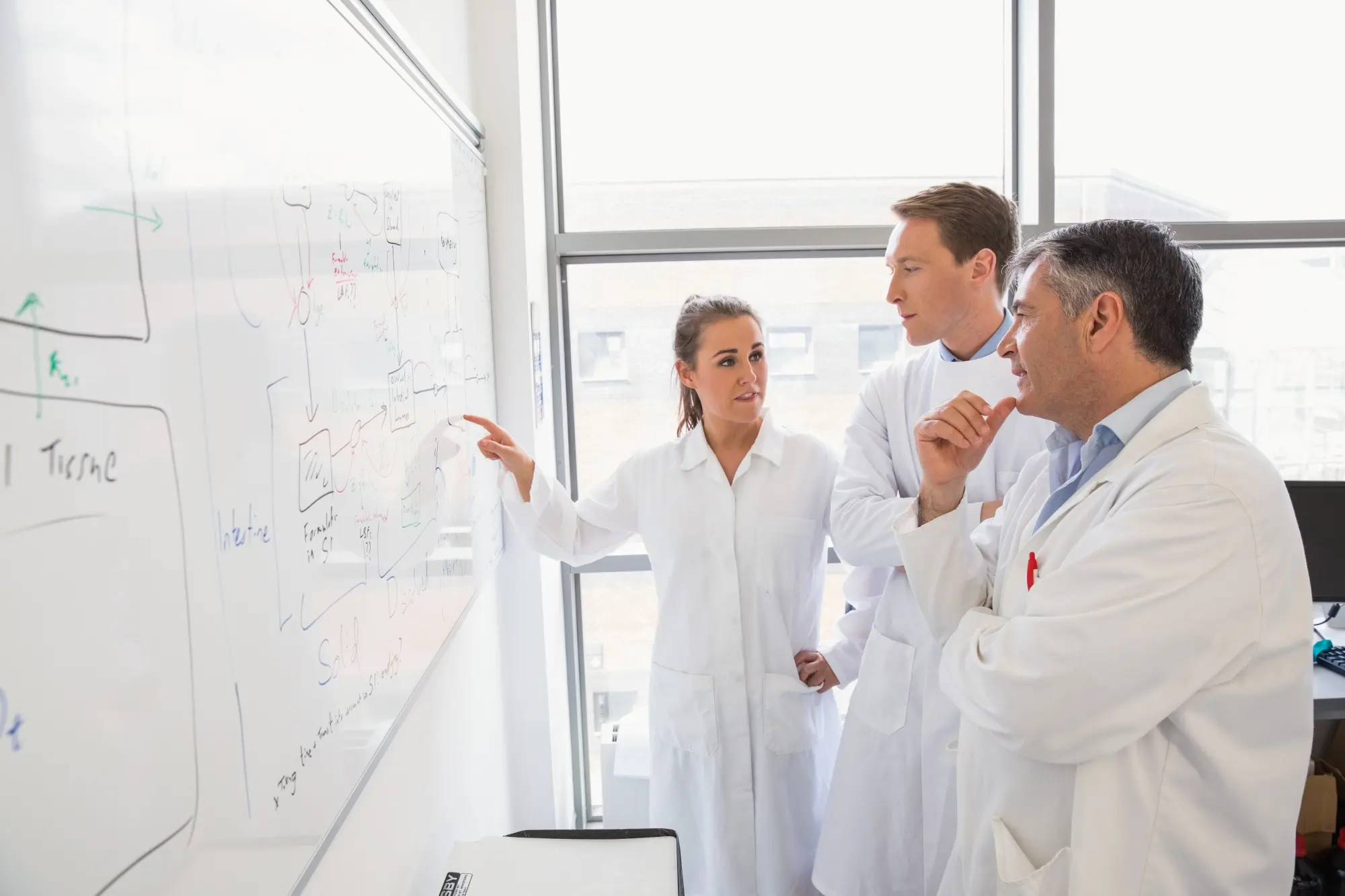 Team of physicians collaborating around a whiteboard to improve early diagnosis strategies.