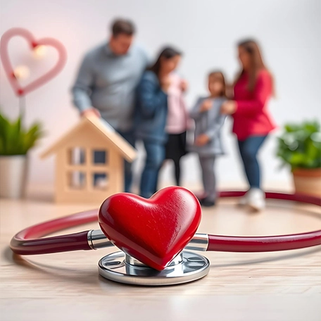 Stethoscope with heart sticker and happy family in background showing patient-centered care.