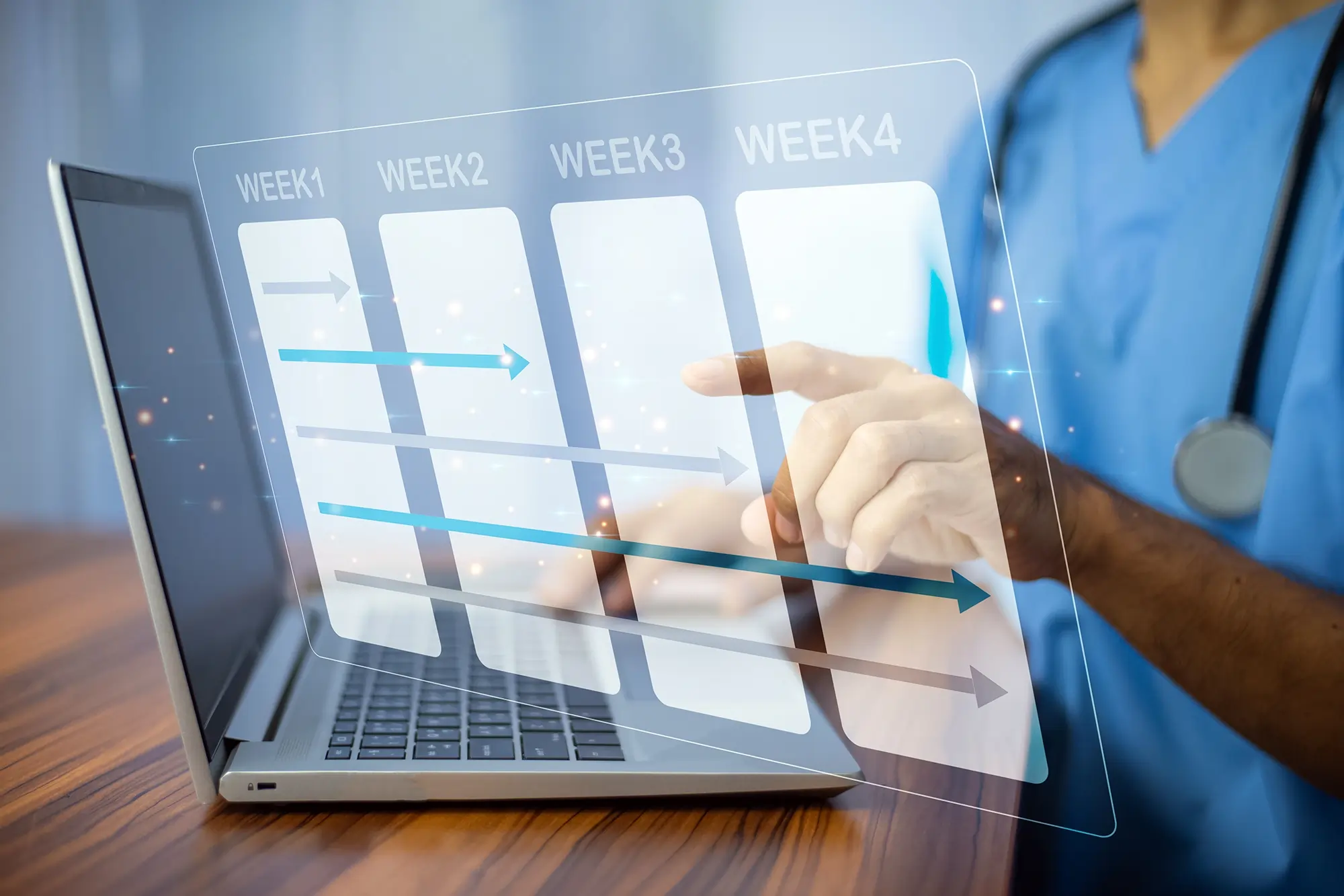 Female doctor analyzing a holographic weekly health report on laptop, demonstrating ongoing patient monitoring.