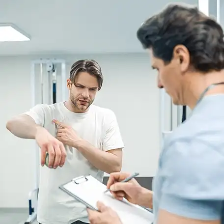 Man sharing health concerns with physician during routine physical exam.