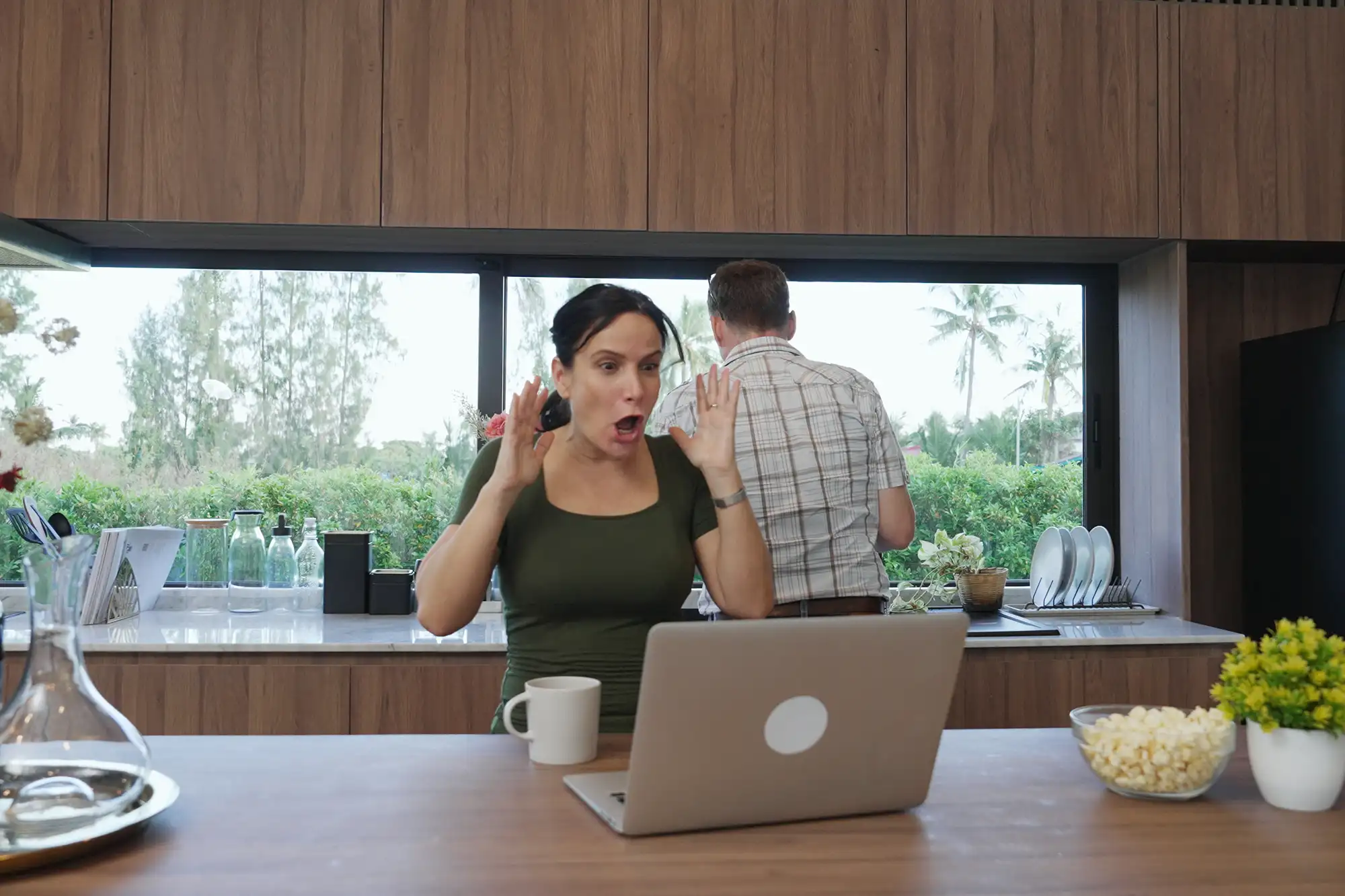 Woman experiencing emotional shock due to unexpected incident at home or work, highlighting trauma response.