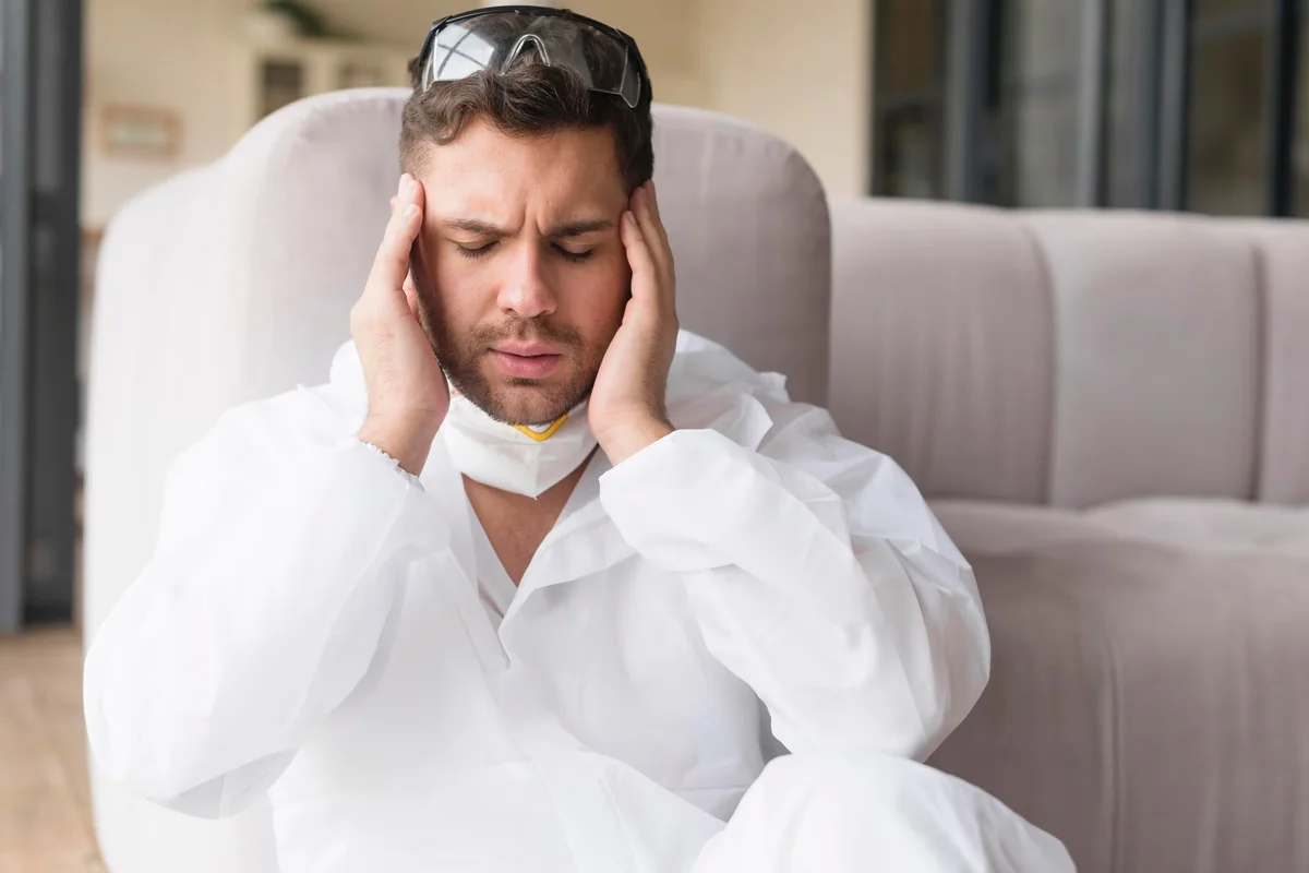 Man in protective coveralls holding his temples with eyes shut from throbbing headache pressure