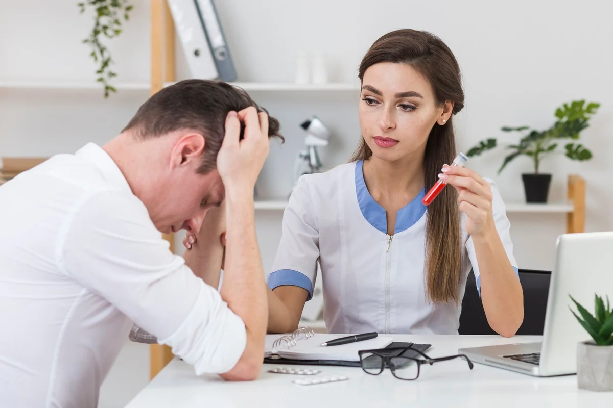 Female healthcare worker holding a blood sample tube beside a male patient resting his head in his hand during a lab results discussion
