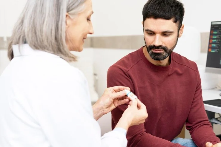Senior female doctor showing a small medication vial to a male patient in a medical office