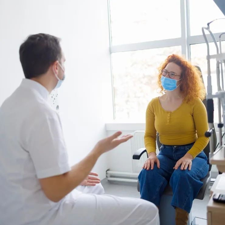 Male provider and female patient, both wearing face masks, discussing symptoms during a clinic consultation