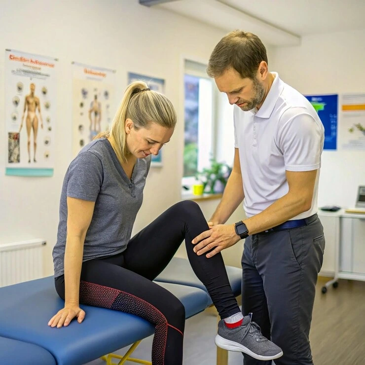 Rapid Care provider examining a woman's knee for pain and injury during a walk-in visit in Fayetteville, NC