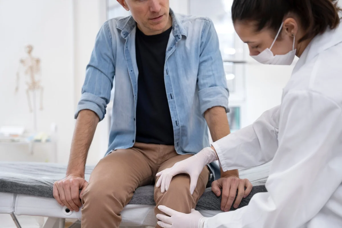 Masked provider in gloves examining a seated male patient's knee on an exam table