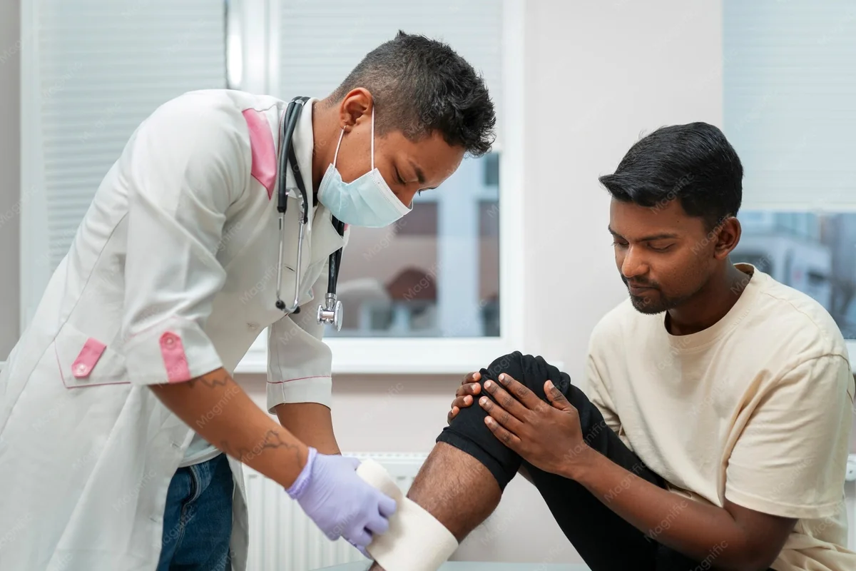Masked provider applying a compression wrap to a seated man's injured lower leg