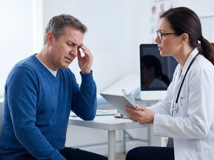 Male patient with migraine pain discussing symptoms with a female healthcare provider in an urgent care exam room