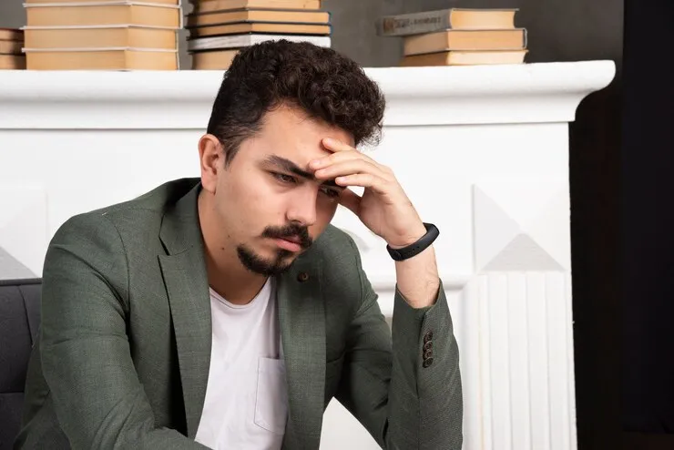 Tired man resting his head in his hand at a table, showing a persistent headache