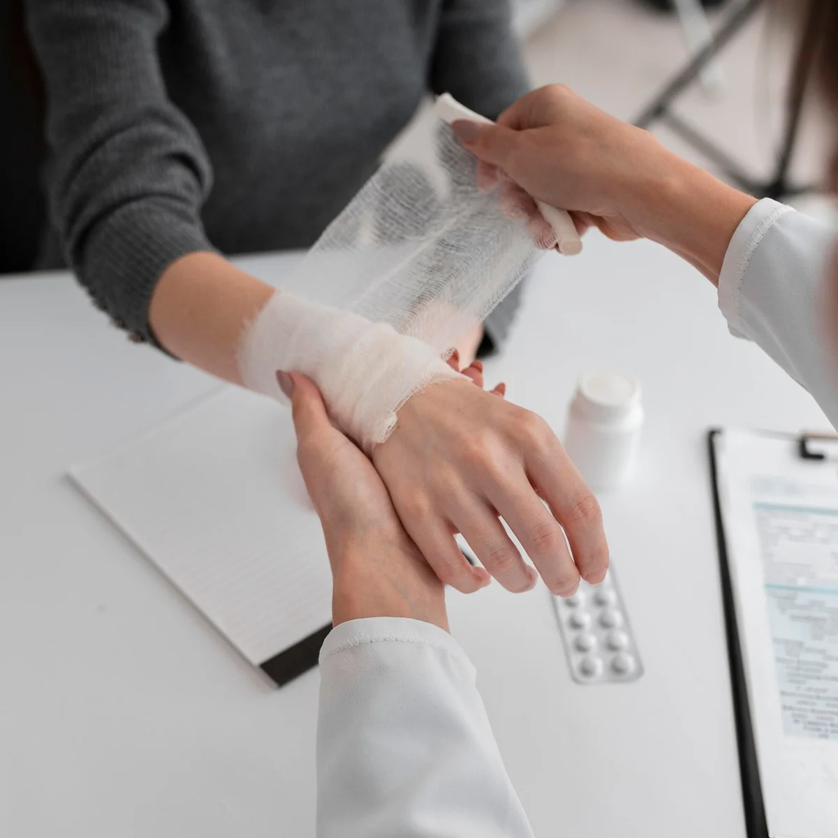 Healthcare provider wrapping a gauze bandage around a patient's injured wrist at a clinic desk